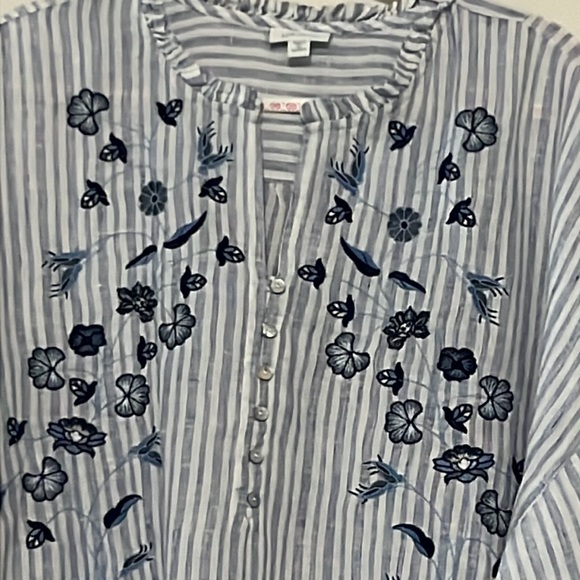 J. Jill Love Linen Blues Striped and Embroidered 3/4 Sleeve Blouse Size 3X - Picture 2 of 10